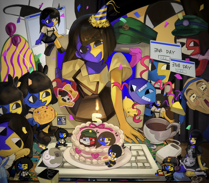 6+girls, alternate_costume, black_eyes, blunt_bangs, blunt_ends, character_doll, chibi, chibi_inset