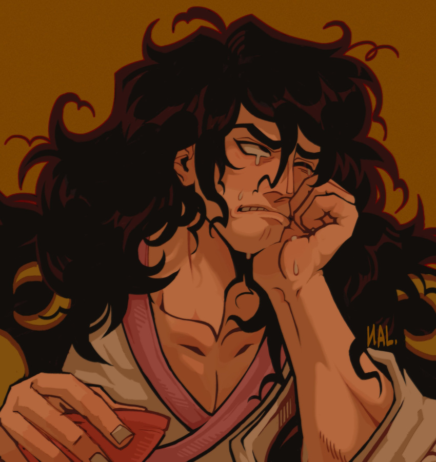 1boy, artist_name, black_eyes, black_hair, collarbone, commentary, crying, halacska_fins, hand_on_own_chin, highres, japanese_clothes, kimono, kouzuki_momonosuke, long_hair, male_focus, one_eye_closed, one_piece, simple_background, solo, teeth, wavy_hair