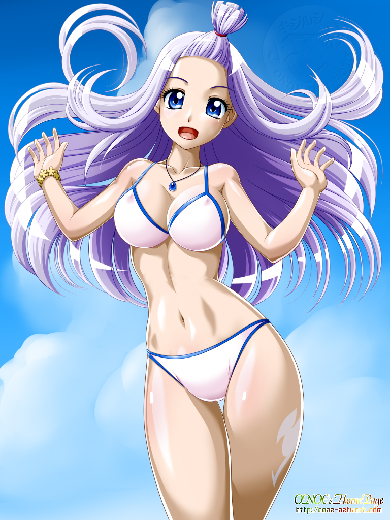 blue_eyes, breasts, cleavage, fairy_tail, long_hair, mirajane, navel, onoe, purple_hair, shiny, shiny_skin, swimsuit