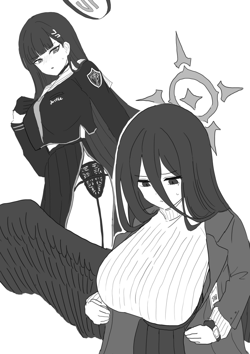 1girl, 2girls, absurdres, black_hair, black_wings, blue_archive, blush, breasts
