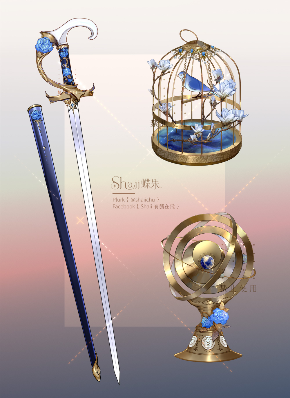 armillary_sphere, artist_name, bird, birdcage, blue_bird, blue_flower, blue_rose, cage