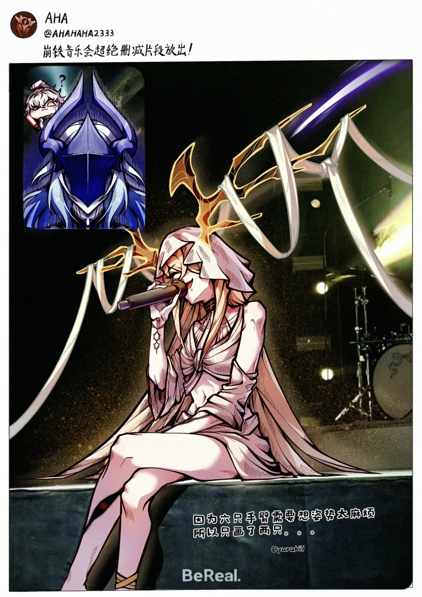 1boy, 2others, aha_(honkai:_star_rail), antlers, bare_shoulders, blonde_hair, blue_hair, closed_eyes