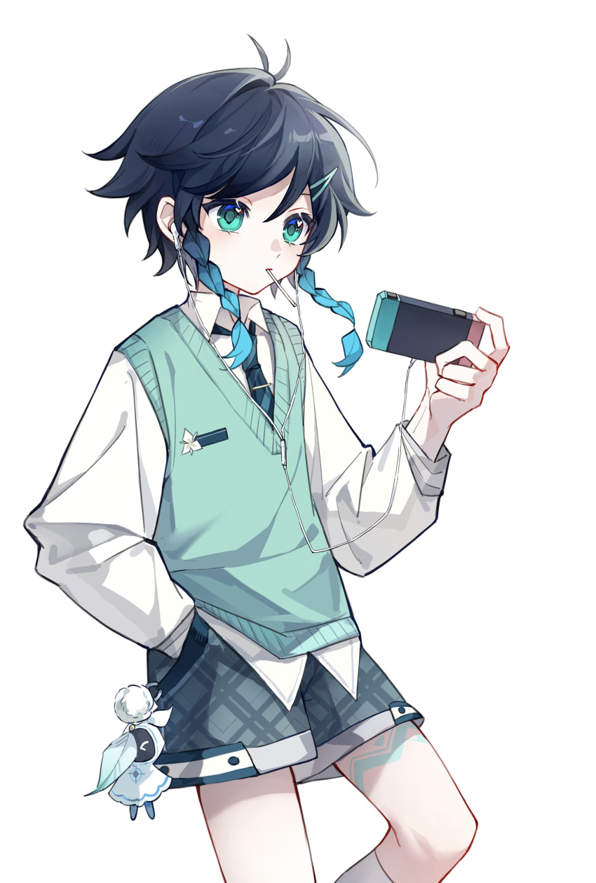 1boy, absurdres, alternate_costume, androgynous, black_hair, blue_hair, braid, candy