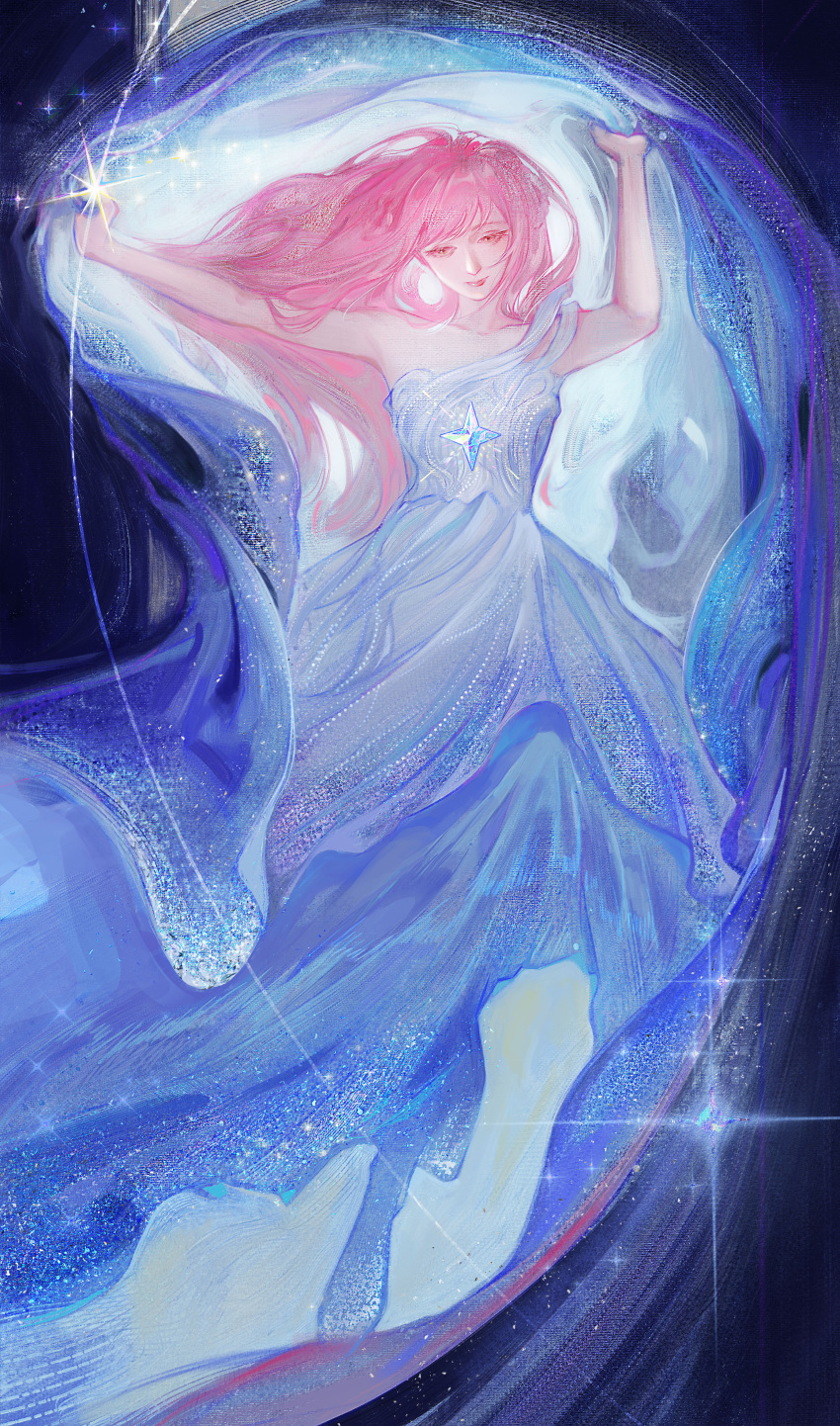 1girl, absurdres, bare_arms, bare_shoulders, blue_boots, blue_dress, boots, brown_eyes, by_stars_be_sworn_(shining_nikki), chinese_commentary, collarbone, commentary_request, dress, expressionless, floating, floating_clothes, floating_hair, full_body, gown, gradient_clothes, gradient_dress, highres, holding_veil, long_dress, long_hair, looking_ahead, mahsedum, nikki_(nikki), nikki_(series), pink_hair, realistic, shining_nikki, shooting_star, single_strap, sleeveless, sleeveless_dress, solo, sparkle, two-tone_dress, veil, white_dress, white_veil