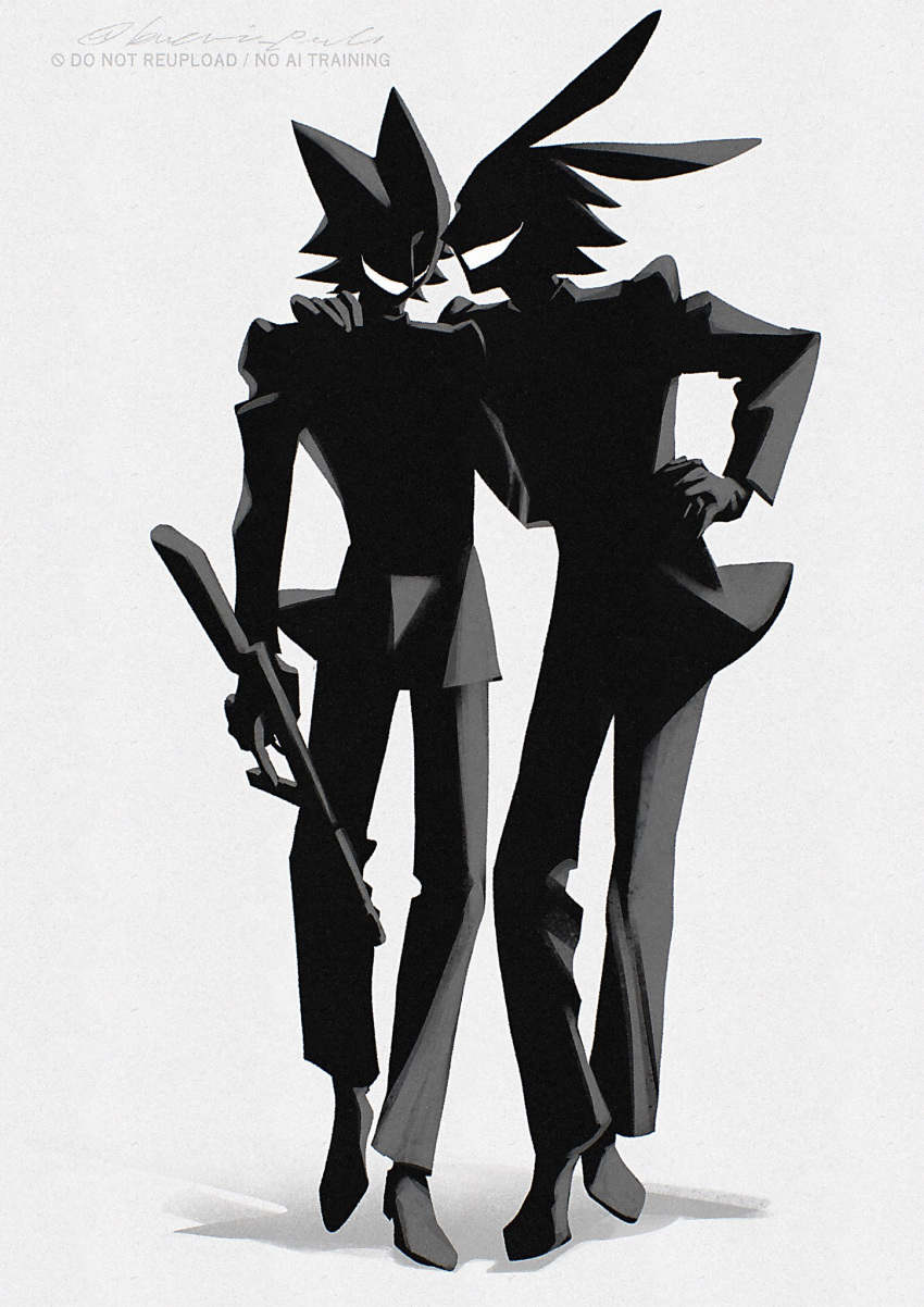 2boys, bavarois_peach, deltarune, film_grain, full_body, gloves, hand_on_another's_back, hand_on_another's_shoulder, hand_on_own_hip, highres, holding, jacket, male_focus, multiple_boys, pants, shadow, shadowguy_(deltarune), shoes, silhouette, smile, standing