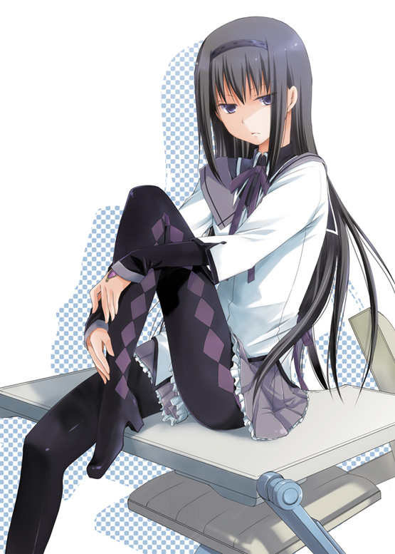 akemi_homura, black_eyes, black_hair, boots, chair, hairband, high_heels, kiri_haraa, leg_hug, leg_lift, long_hair, long_sleeves, magical_girl, mahou_shoujo_madoka_magica, pantyhose, purple_eyes, school_desk, shadow, shoes, simple_background, sitting, solo, violet_eyes