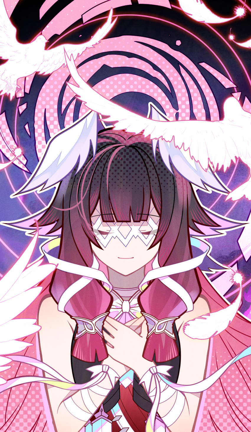 1girl, absurdres, bad_source, bandages, bare_shoulders, bird, black_hair, blunt_bangs, closed_eyes, closed_mouth, columbina_(genshin_impact), eye_mask, facing_viewer, feathers, genshin_impact, hair_ornament, hands_on_own_chest, head_wings, highres, long_hair, low-tied_sidelocks, mask, multicolored_hair, own_hands_together, pink_hair, ribbon, sidelocks, sleeveless, smile, solo, suzhigao_youcuoma, two-tone_hair, upper_body, white_mask, white_ribbon, wing_hair_ornament, wings