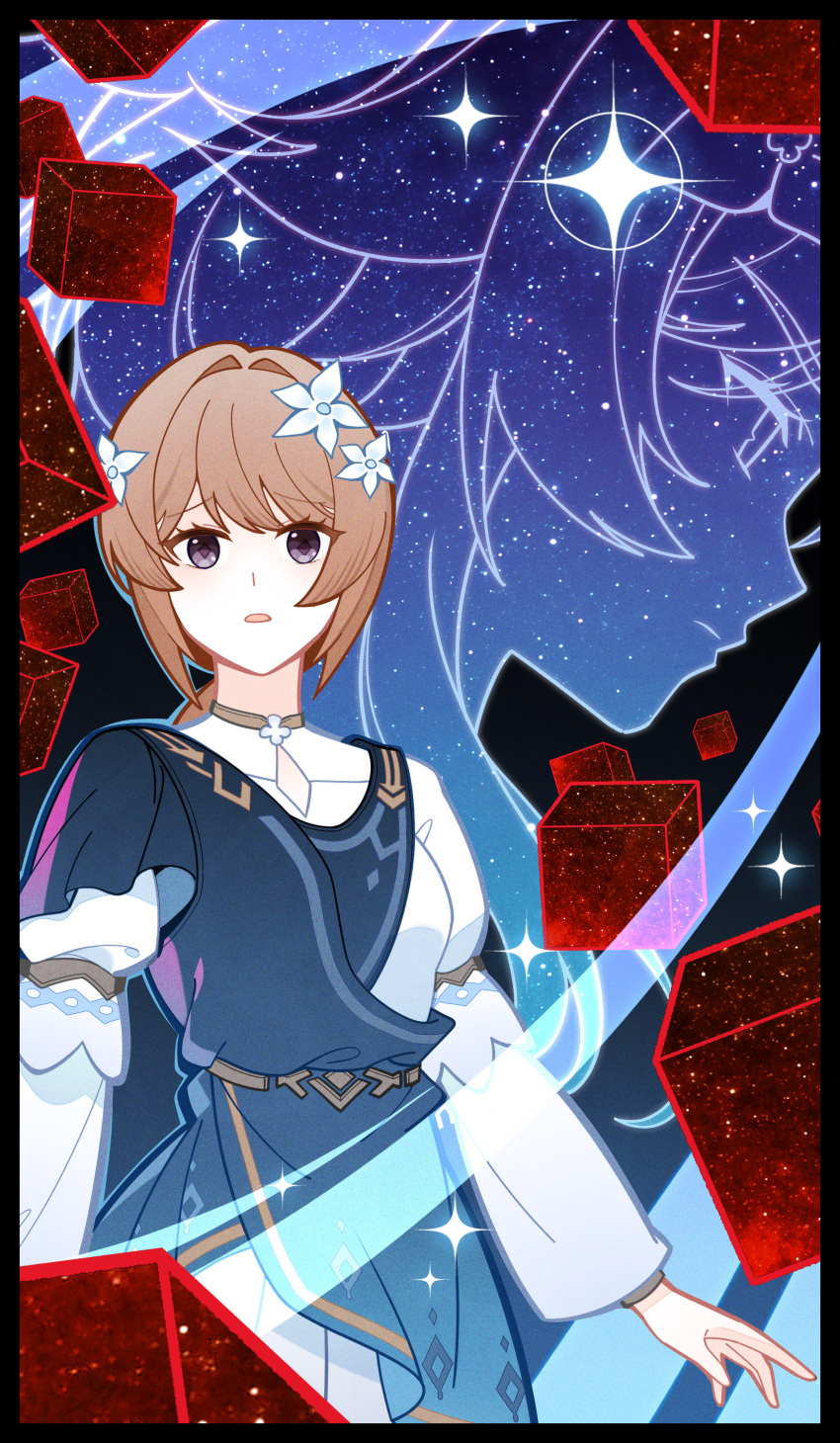 1girl, 2girls, absurdres, bad_source, brown_hair, direidyth_(genshin_impact), dress, flower, genshin_impact, hair_flower, hair_ornament, highres, long_hair, long_sleeves, looking_at_viewer, multiple_girls, open_mouth, short_hair, sky, smile, star_(sky), suzhigao_youcuoma, violet_eyes, white_flower