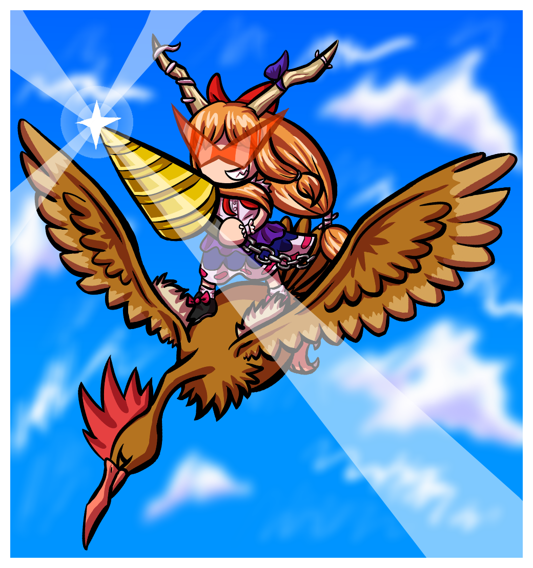 1girl, bluwiikoon, drill, fearow, ibuki_suika, kamina_shades, orange_hair, parody, pokemon, pokemon_(creature), pun, smile, tengen_toppa_gurren_lagann, touhou