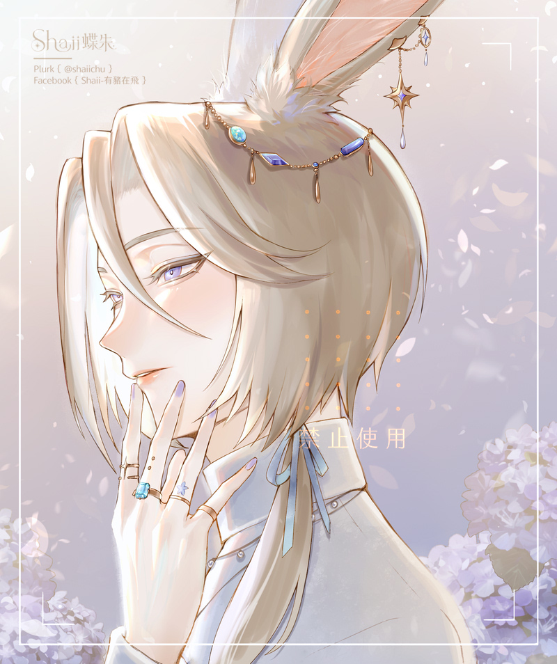 1boy, aegyo_sal, animal_ear_piercing, animal_ears, artist_name, bishounen, blonde_hair, blue_eyeshadow