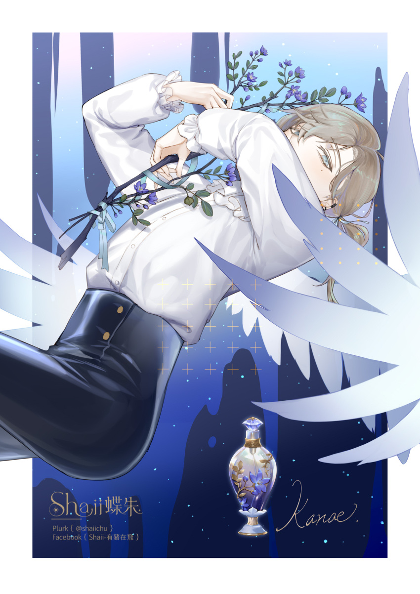 1boy, ad, angel_wings, aqua_ribbon, arched_back, artist_name, ascot, black_background
