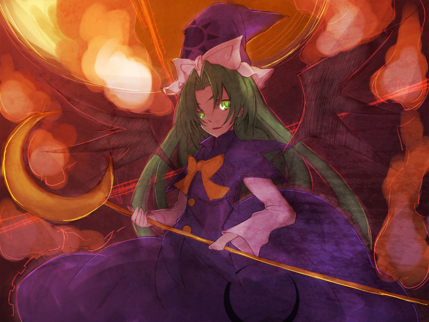 bowtie, crescent, demon_wings, faux_traditional_media, green_hair, hat, long_hair, mima