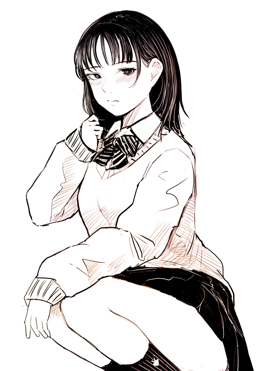 1girl, absurdres, ankle_socks, bare_legs, bow, bowtie, breasts, closed_mouth