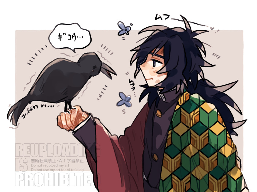 1boy, bird, bird_on_hand, black_hair, black_jacket, blue_eyes, buttons, closed_mouth