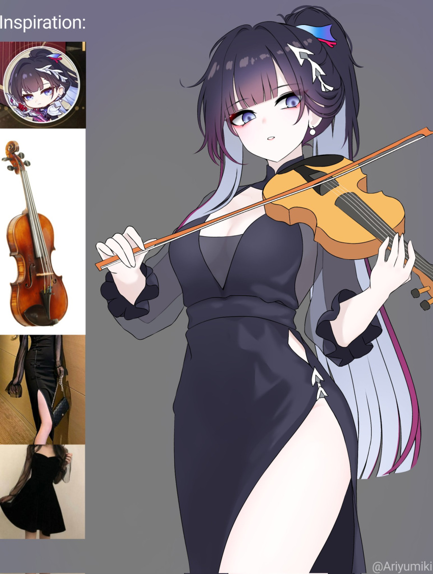 1girl, ariyumiki, black_dress, black_hair, colored_inner_hair, dress, grey_hair, hair_ornament
