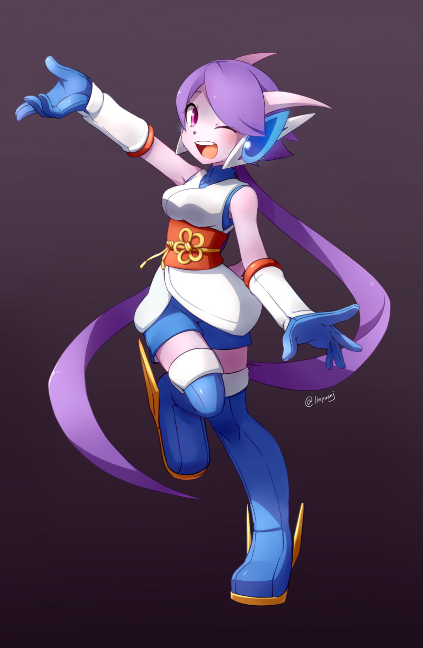 1girl, absurdres, blue_boots, boots, chinese_clothes, dragon_girl, dragon_horns, dress