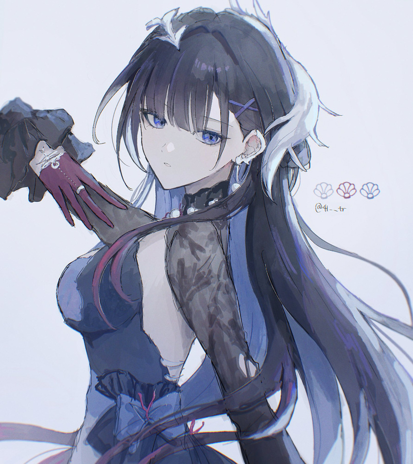 1girl, 41_tr, black_dress, black_hair, dress, frilled_sleeves, frills, gloves