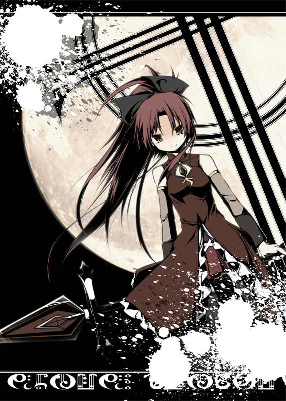 bare_shoulders, bow, detached_sleeves, dress, full_moon, hair_bow, jum_(parallel_parasol), light_smile, long_hair, looking_at_viewer, magical_girl, mahou_shoujo_madoka_magica, moon, polearm, red_eyes, red_hair, redhead, sakura_kyouko, solo, spear, tsurime, weapon
