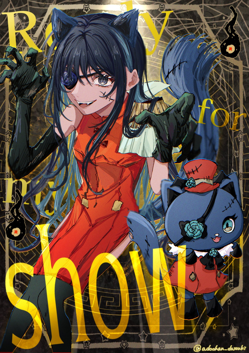 1girl, ado_(utaite), adorozatorumary, animal_ears, black_eyes, black_gloves, black_thighhighs, cat_ears, cat_girl, cat_tail, chando_(ado), claw_pose, commentary, cosplay, dress, elbow_gloves, eyepatch, gloves, highres, lugosi_(ado), lugosi_(ado)_(cosplay), open_mouth, orange_dress, oyashirazu_(adochan_daisuki), sanrio, show_(ado), sidelocks, sleeveless, sleeveless_dress, tail, thigh-highs, utaite