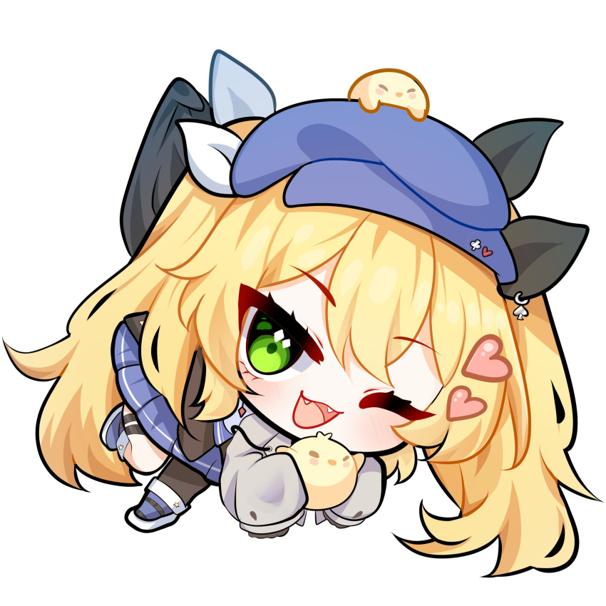:d, absurdres, blonde_hair, blue_hat, blue_shoes, blue_skirt, chibi, dokibird