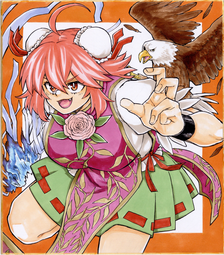 1girl, :d, absurdres, ahoge, bald_eagle, bandaged_arm, bandages, bird
