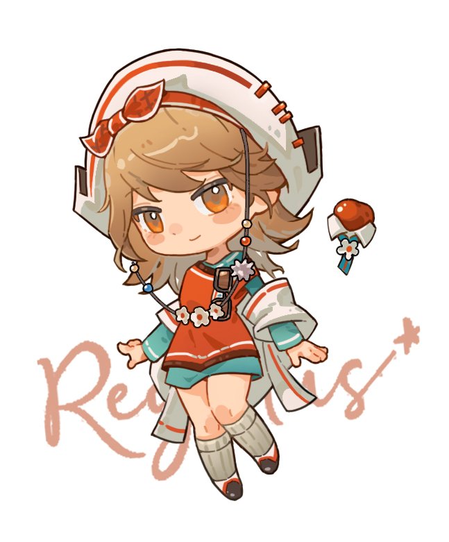 1girl, apple, apple_(reverse:1999), banner, bicorne, boots, bow_hairband, brown_boots, brown_hair, character_name, chibi, eyewear_hang, food, fruit, full_body, hairband, hat, holding_banner, looking_at_viewer, official_alternate_costume, orange_eyes, red_hairband, regulus_(reverse:1999), regulus_(the_fierce_fan)_(reverse:1999), reverse:1999, sanzio76, short_hair, signature, smile, socks, solo, standing, sunglasses, unworn_eyewear, white_background, white_hat, white_socks