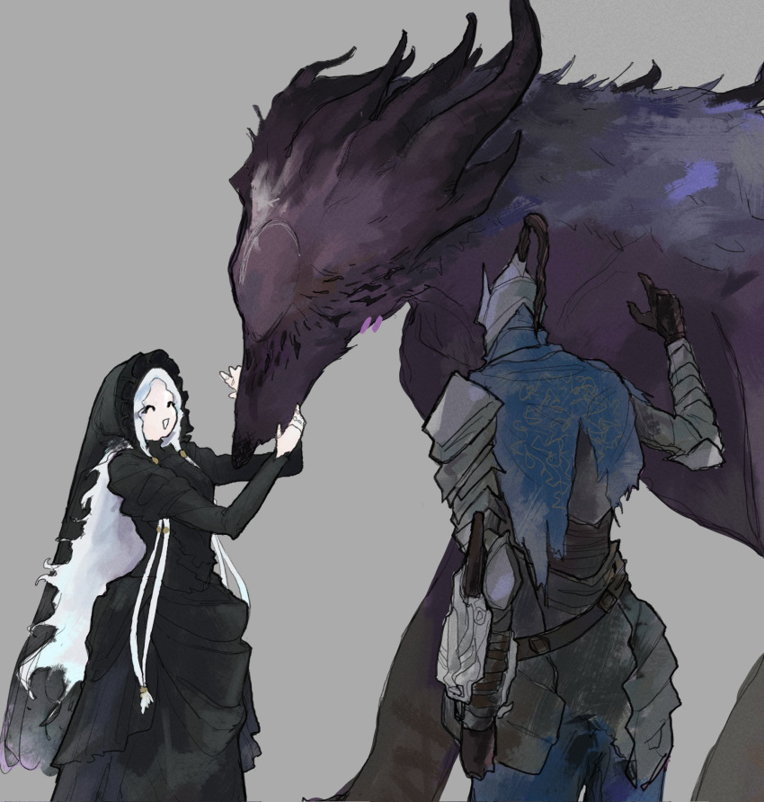 1girl, 2boys, :d, ^_^, armor, artorias_the_abysswalker, artorias_the_abysswalker_(cosplay), black_dress