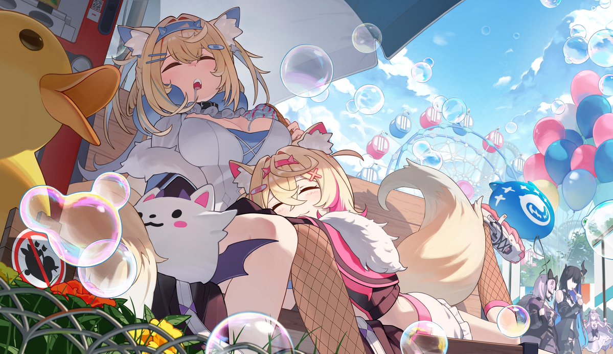 5girls, amusement_park, animal_ear_fluff, animal_ears, black_hair, blonde_hair, blue_sky, bubble