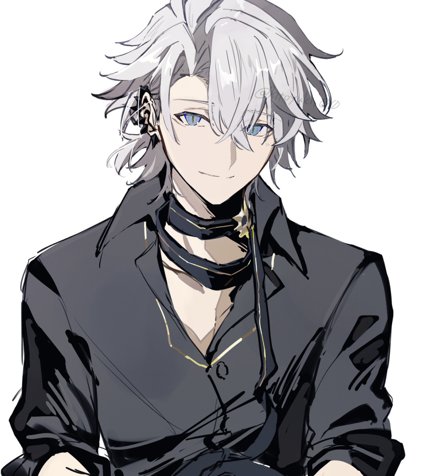 1boy, black_choker, black_shirt, blue_eyes, choker, closed_mouth, collared_shirt, curtained_hair