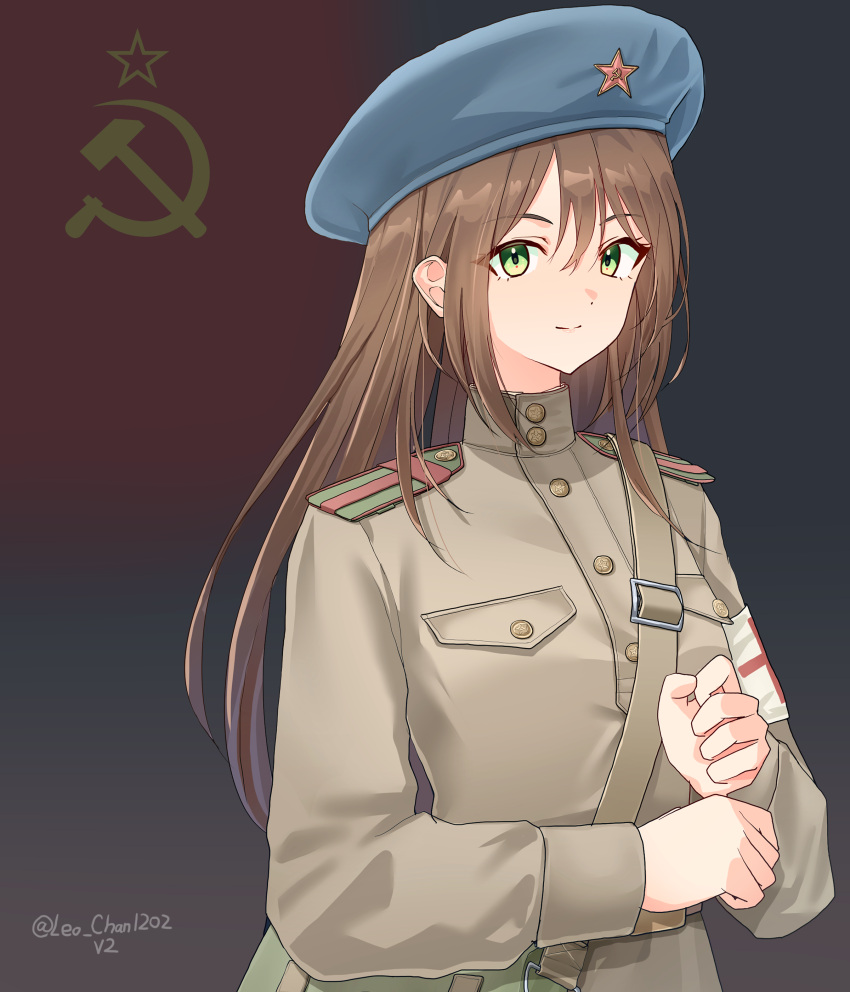 1girl, absurdres, artist_name, bag, blue_hat, brown_hair, brown_jacket, closed_mouth