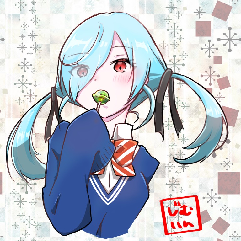 1girl, abstract_background, black_ribbon, blue_hair, blue_sweater, bow, bowtie, candy