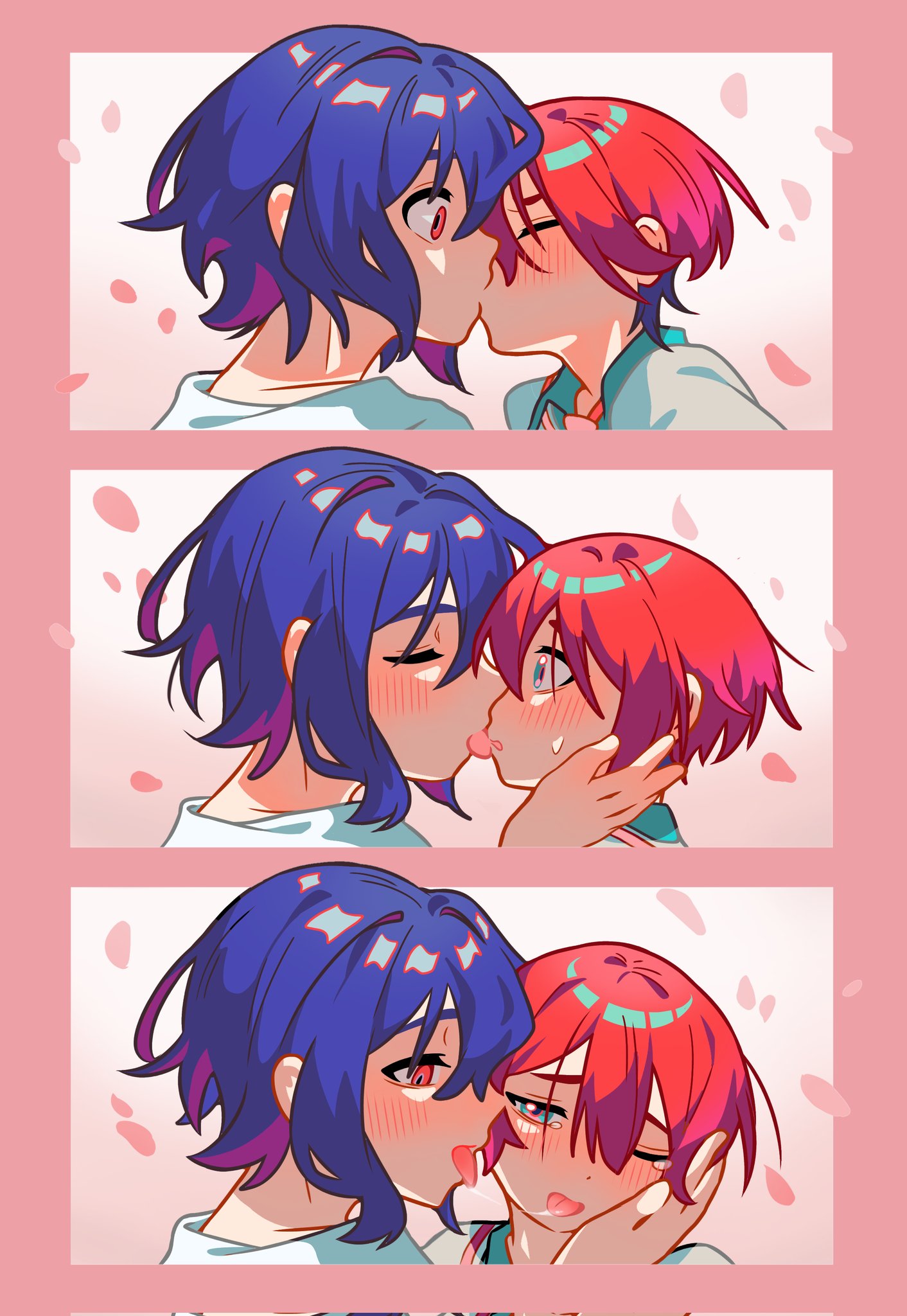 1boy, 1girl, amate_yuzuriha, aqua_eyes, aqua_shirt, blue_hair, blush, closed_eyes