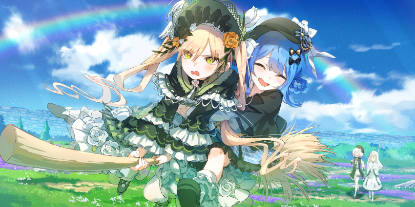 4girls, absurdres, black_dress, black_hat, black_shoes, blonde_hair, blue_hair, blue_sky, blush, bonnet, bow, braid, braided_hair_rings, broom, broom_riding, capelet, closed_eyes, clouds, day, deerstalker, dress, floating_hair, flower, flying, frilled_dress, frilled_sleeves, frills, game_cg, grass, green_dress, green_eyes, green_hat, green_shoes, hair_bow, hair_flower, hair_ornament, hair_rings, hat, highres, hikami_meruru, hug, hug_from_behind, layered_dress, layered_sleeves, leaf_hair_ornament, lolita_fashion, long_hair, long_sleeves, mahou_shoujo_no_majo_saiban, multiple_girls, official_art, open_mouth, orange_flower, outdoors, rainbow, rose, sakuraba_ema, shoes, sky, smile, tachibana_sherry, too_many, too_many_frills, toono_hanna, twintails, umemaro_(siona0908), very_long_hair, wavy_mouth