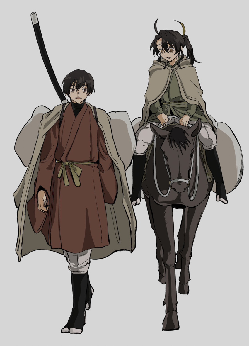 1boy, 1girl, ahoge, backpack, bag, black_hair, blush, brown_cloak