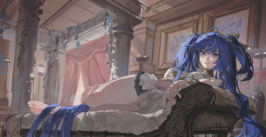 1girl, absurdres, ahoge, ancient_greek_clothes, barefoot, blue_eyes, blue_hair, commentary_request, curtains, greco-roman_clothes, head_wreath, highres, ian46166491, indoors, iuno_(wuthering_waves), long_hair, looking_at_viewer, lying, on_side, showgirl_skirt, solo, thighs, very_long_hair, window, wuthering_waves