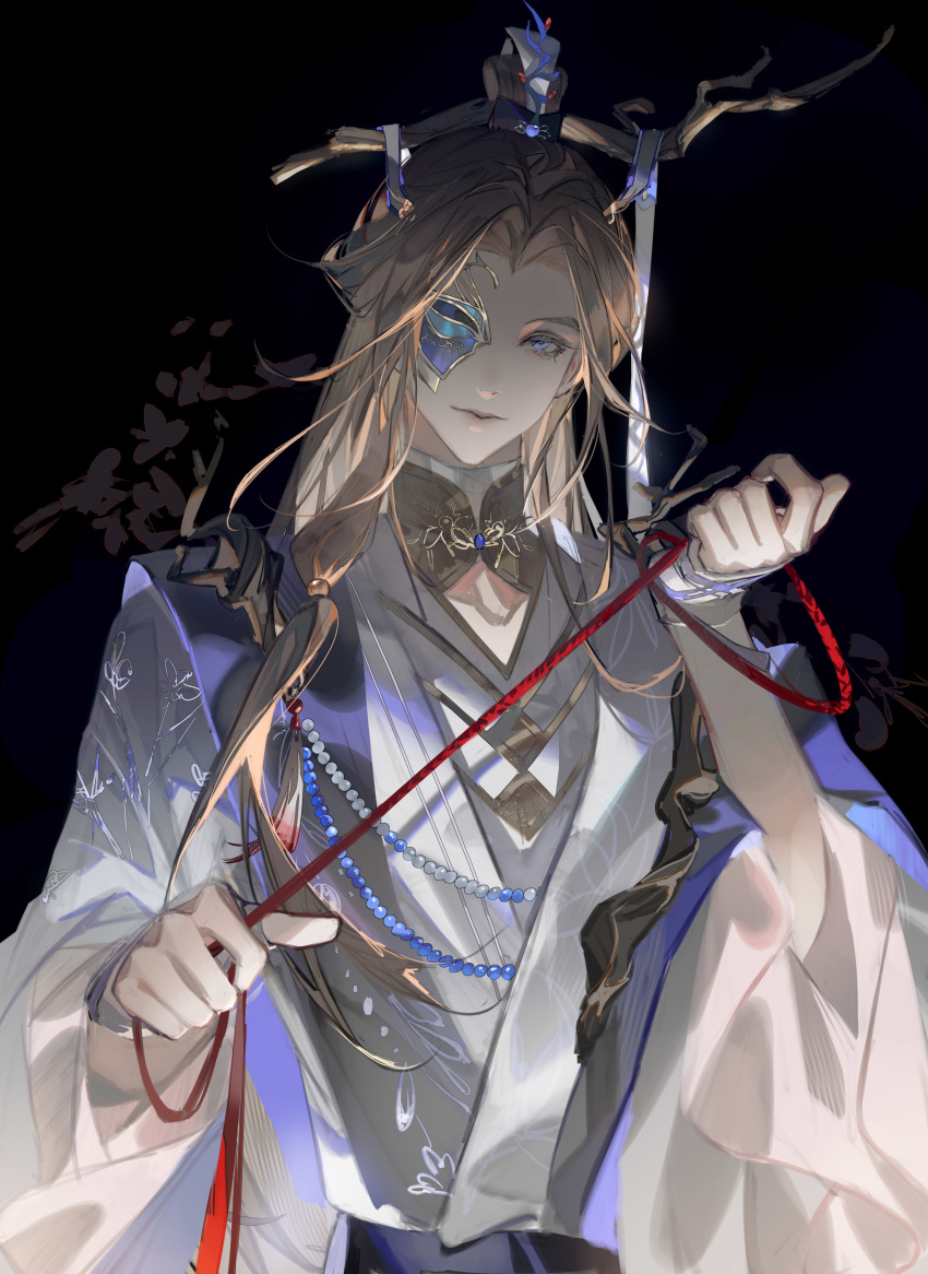 1boy, absurdres, bead_necklace, beads, bijia, black_background, blue_eyes, branch, brown_hair, chinese_clothes, chinese_commentary, closed_mouth, code:_kite, dong_feng_(code:_kite), eye_mask, hair_ribbon, half_mask, hanfu, highres, holding, holding_rope, jewelry, layered_sleeves, light_smile, lips, long_hair, long_sleeves, looking_at_viewer, male_focus, mask, necklace, parted_bangs, red_rope, ribbon, robe, rope, shrug_(clothing), sleeves_past_wrists, solo, upper_body, white_hanfu, white_ribbon, white_robe, wide_sleeves, xiao_guan_(headdress), yichun583