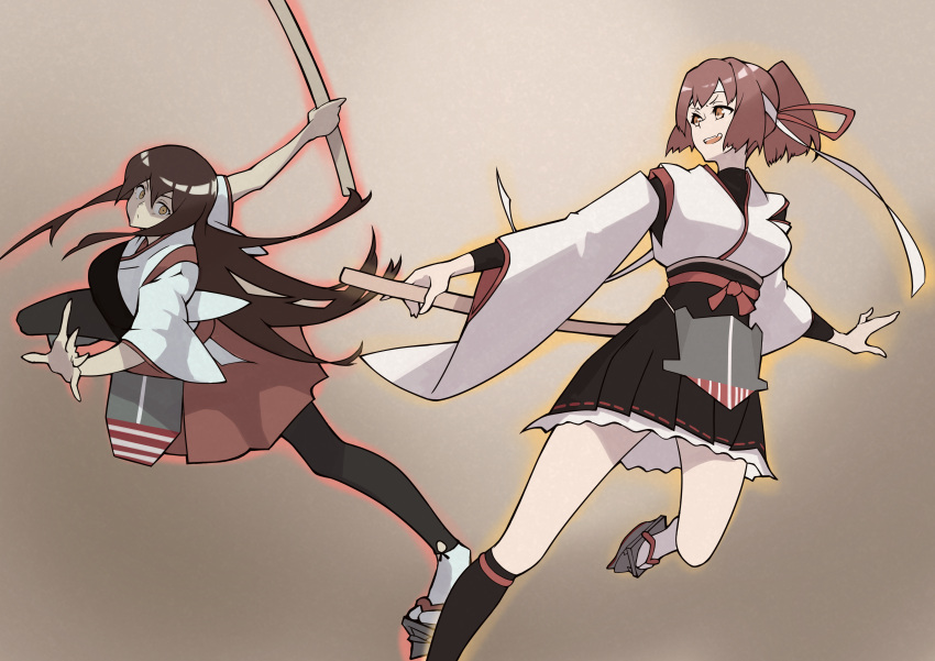 2girls, absurdres, akagi_(kancolle), akagi_kai_ni_(kancolle), apron, asymmetrical_legwear, black_hakama, black_socks