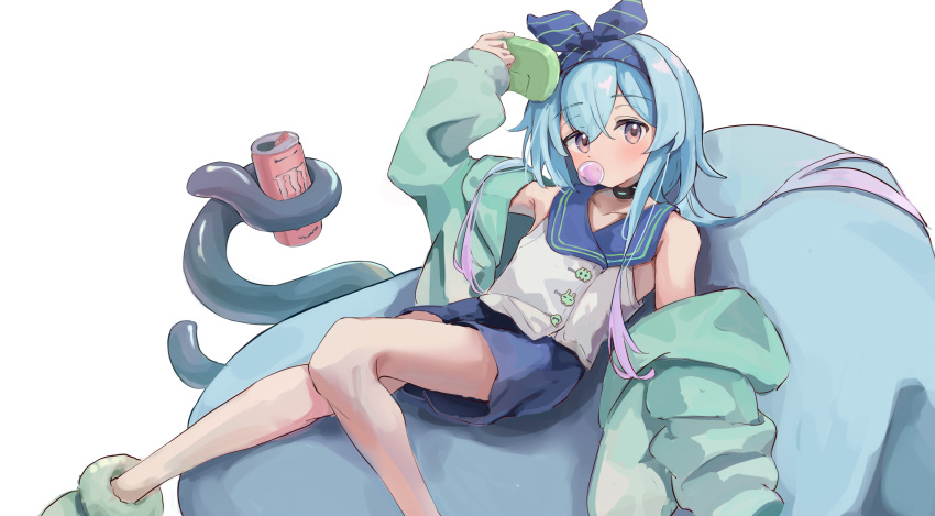 1boy, absurdres, arknights, bean_bag_chair, blue_hair, chewing_gum, highres, jacket