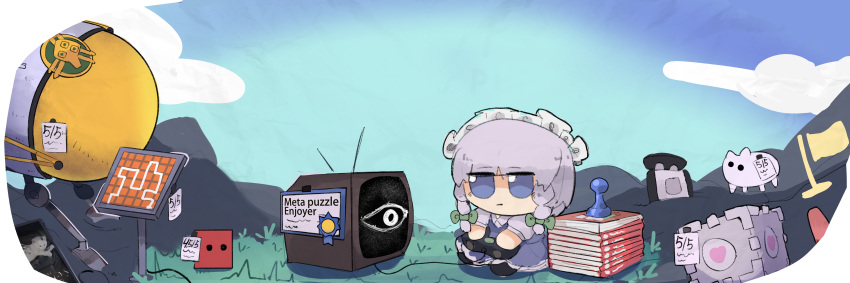 1girl, 7-mirano, absurdres, aperture_science_weighted_companion_cube, baba_(baba_is_you), baba_is_you, blue_eyes, bow
