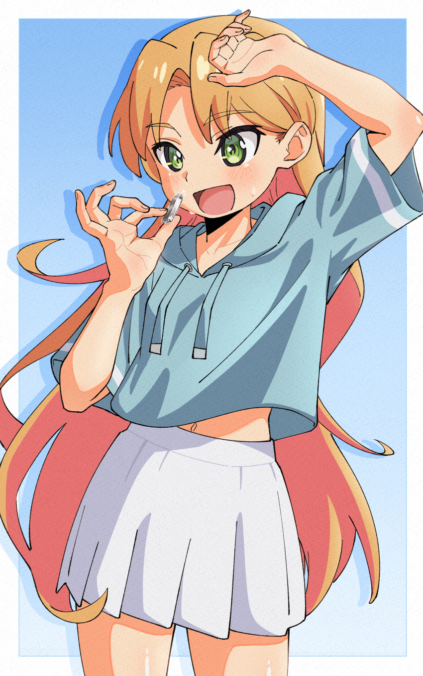 1girl, :d, absurdres, arm_up, blue_background, blue_hoodie, blush, border