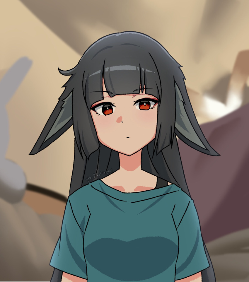 1girl, animal_ears, artist_name, black_hair, blue_shirt, commentary, ears_down, expressionless