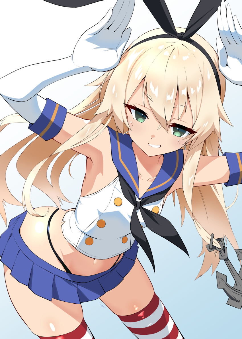 1girl, absurdres, anchor, anchor_hair_ornament, black_neckerchief, black_panties, blonde_hair, blue_sailor_collar