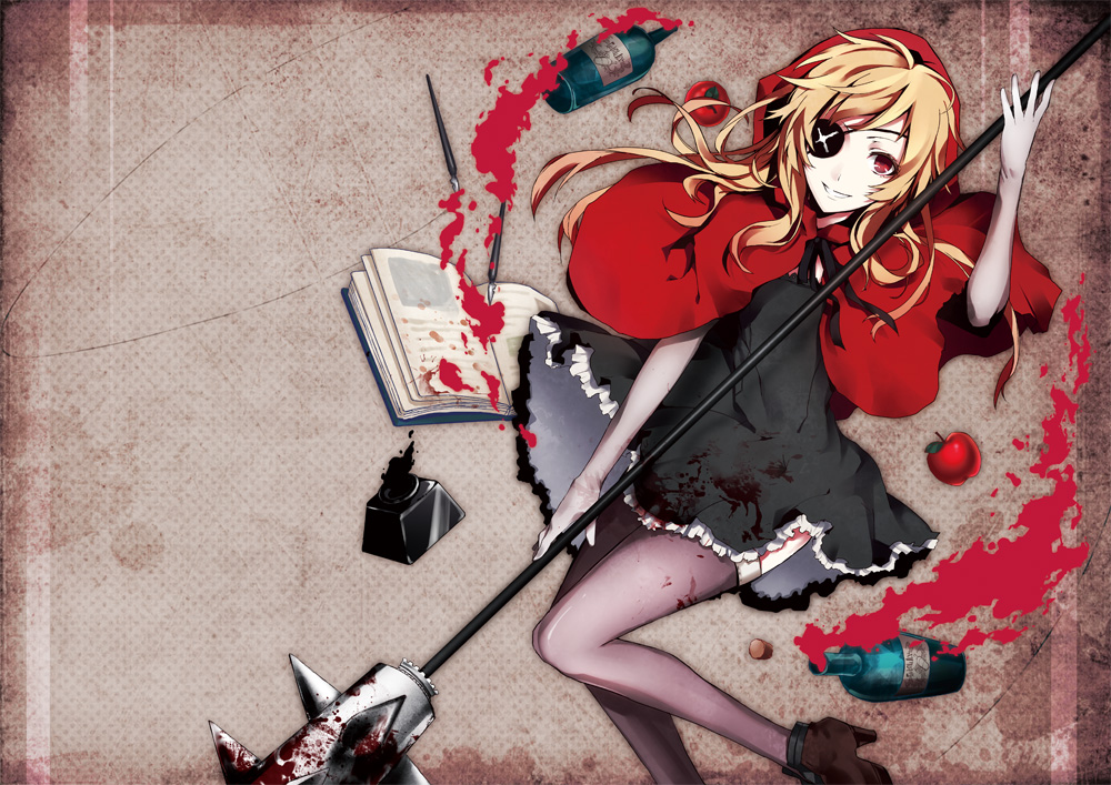 arisaka_ako, black_dress, blonde_hair, blood, book, bottle, dress, elbow_gloves