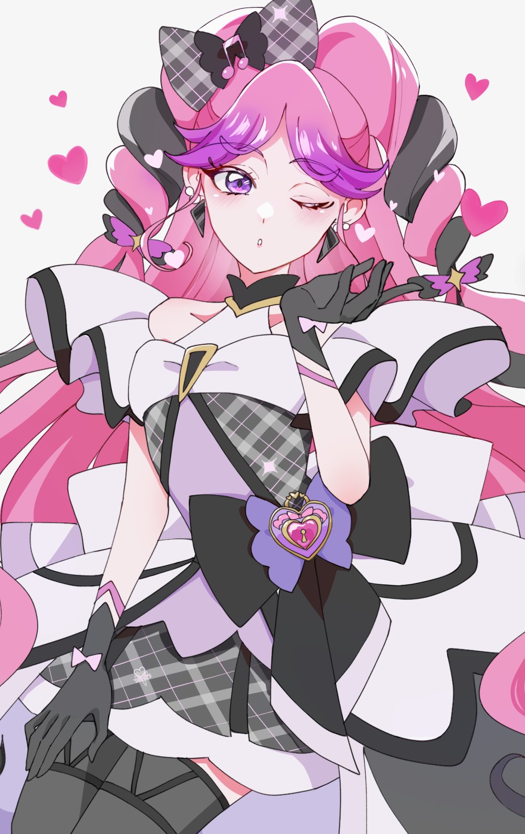 1girl, arm_up, bare_arms, bare_shoulders, black_gloves, black_hair, black_socks, blowing_kiss, braid, bubble_skirt, cure_kiss, diamond_(shape), dress, earrings, eyelashes, frilled_dress, frilled_ribbon, frills, gingham, gingham_dress, gloves, gradient_hair, hair_ribbon, hair_tie, half_gloves, hand_on_own_face, heart, heart-shaped_lock, heart-shaped_pupils, highres, idol, jewelry, kimi_to_idol_precure, kiss, long_hair, looking_at_viewer, looking_up, mature_female, meroron_(civilian)_(precure), meroron_(precure), multicolored_hair, one_eye_closed, open_mouth, parted_bangs, pink_hair, precure, puffy_dress, puffy_sleeves, purple_dress, ribbon, short_dress, skirt, socks, solo, solo_focus, symbol-shaped_pupils, tungl243, twin_braids, twintails, upper_body, very_long_hair, violet_eyes, wind