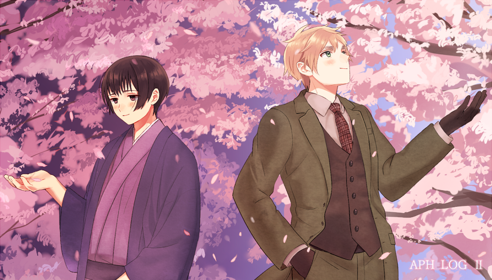 2boys, axis_powers_hetalia, belt, black_gloves, blonde_hair, blue_sky, blush, branch