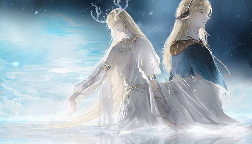 1boy, alkaid_mcgrath, alkaid_mcgrath_(spirit_world), animal_ear_hairband, animal_ears, antlers, armlet, blonde_hair