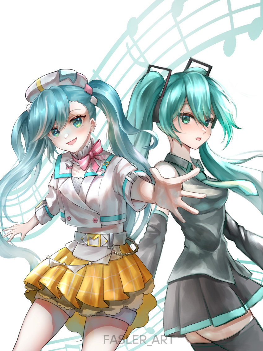 2girls, absurdres, aqua_eyes, aqua_hair, aqua_necktie, aqua_trim, belt, black_skirt