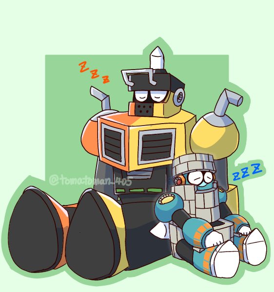 2boys, block_man, border, closed_eyes, green_background, humanoid_robot, impact_man, joints