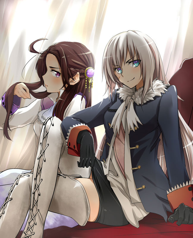 ahoge, arm_support, austria_(hetalia), axis_powers_hetalia, black_gloves, blue_eyes, blush, boots