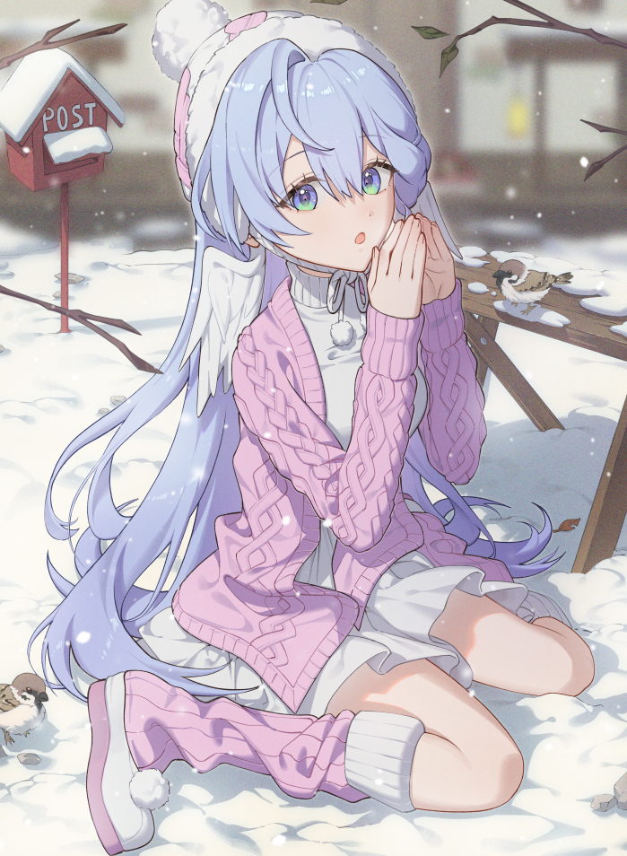 1girl, beanie, blue_eyes, blue_hair, blush, chyanu, dress, hat